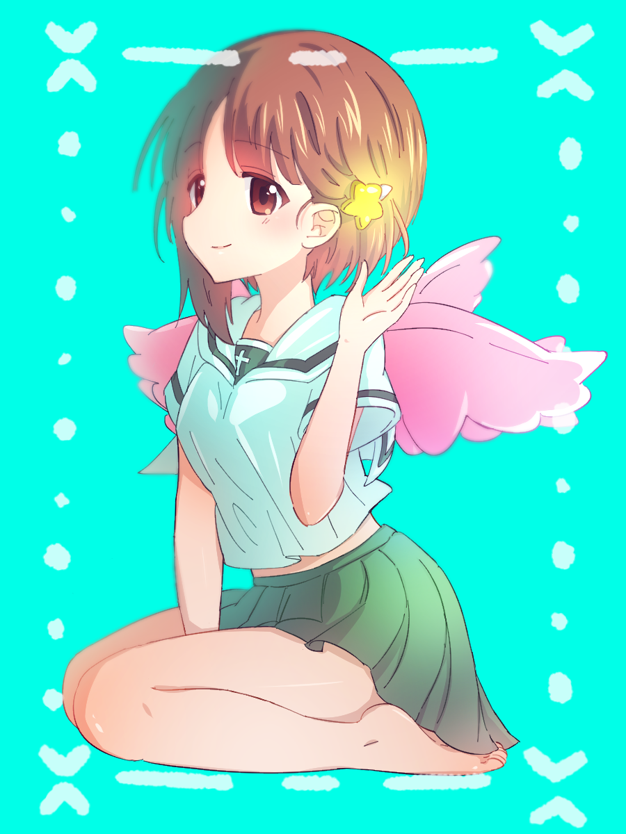 1girl, angel_wings, bangs, barefoot, blouse, brown_eyes, brown_hair, closed_mouth