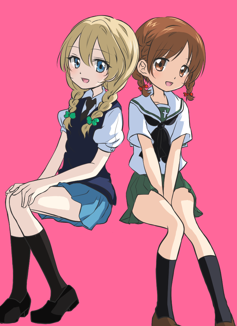2girls, alternate_hairstyle, bangs, black_footwear, black_legwear, black_neckwear, blonde_hair, blouse, blue_eyes, blue_skirt, blue_sweater, braid, brown_eyes, brown_footwear, brown_hair, closed_mouth, commentary_request, darjeeling_(girls_und_panzer), dress_shirt, girls_und_panzer, green_ribbon, green_skirt, hair_ribbon, hair_up, hands_on_lap, head_tilt, invisible_chair, long_sleeves, looking_at_viewer, low_twintails, medium_hair, miniskirt, multiple_girls, neckerchief, necktie, nishizumi_miho, ooarai_school_uniform, open_mouth, pink_background, pleated_skirt, puffy_short_sleeves, puffy_sleeves, red_ribbon, ribbon, rurikoke, sailor_collar, school_uniform, serafuku, shirt, shoes, short_hair, short_sleeves, side-by-side, simple_background, sitting, skirt, smile, socks, st._gloriana's_school_uniform, summer_uniform, sweater, sweater_vest, twin_braids, twintails, v-neck, v_arms, white_blouse, white_sailor_collar, white_shirt, wing_collar, yuri
