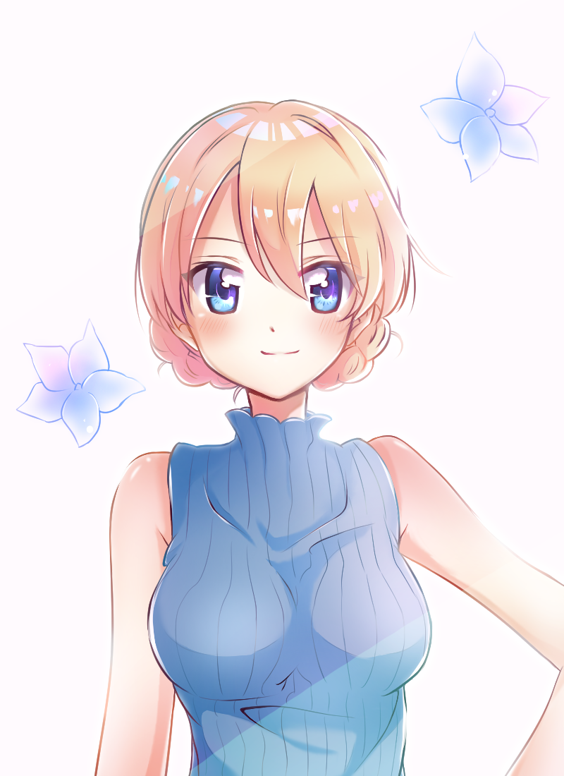 1girl, bangs, bare_arms, bare_shoulders, blonde_hair, blue_eyes, blue_flower, blue_sweater