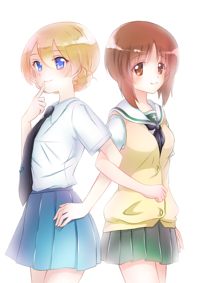 2girls, bangs, black_neckwear, blonde_hair, blouse, blue_eyes, blue_skirt, braid, brown_eyes, brown_hair, cardigan, closed_mouth, commentary_request, darjeeling_(girls_und_panzer), dress_shirt, eyebrows_visible_through_hair, finger_to_mouth, girls_und_panzer, green_skirt, hand_on_hip, locked_arms, looking_at_viewer, miniskirt, multiple_girls, neckerchief, necktie, nishizumi_miho, ooarai_school_uniform, pleated_skirt, rurikoke, sailor_collar, school_uniform, serafuku, shirt, short_hair, short_sleeves, simple_background, skirt, sleeveless, smile, st._gloriana's_school_uniform, standing, summer_uniform, tied_hair, twin_braids, white_background, white_blouse, white_sailor_collar, white_shirt, wing_collar, yellow_cardigan, yuri