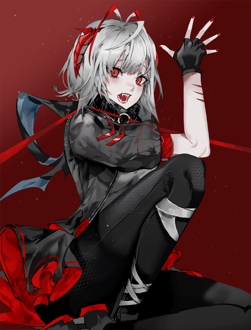 1girl, ahoge, antenna_hair, arknights, black_gloves, black_jacket, black_pants, black_scarf