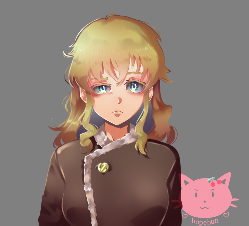 1girl, blonde_hair, fur_trim, hair_between_eyes, highres, long_hair, looking_at_viewer, ponytail
