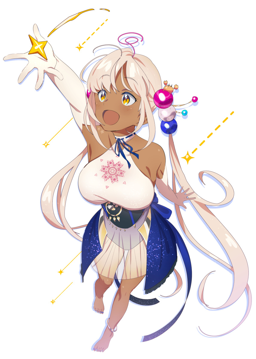 1girl, absurdres, barefoot, blonde_hair, breasts, dark-skinned_female, dark_skin, highres