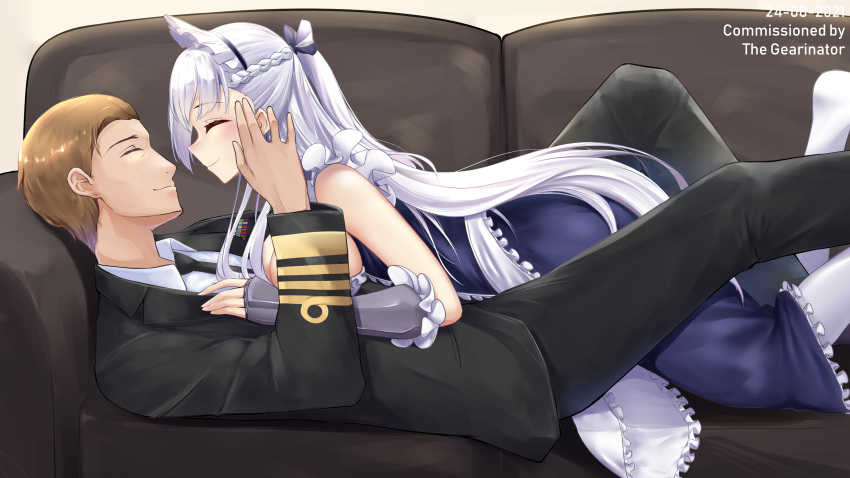 1boy, 1girl, ^_^, absurdres, apron, azur_lane, bangs, belfast_(azur_lane)