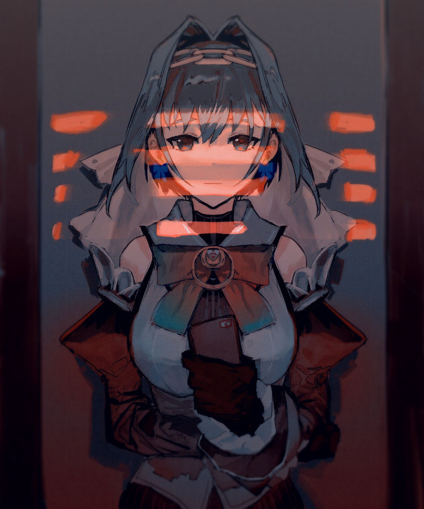 1girl, absurdres, bangs, black_gloves, blue_bow, blue_eyes, blue_hair, bow