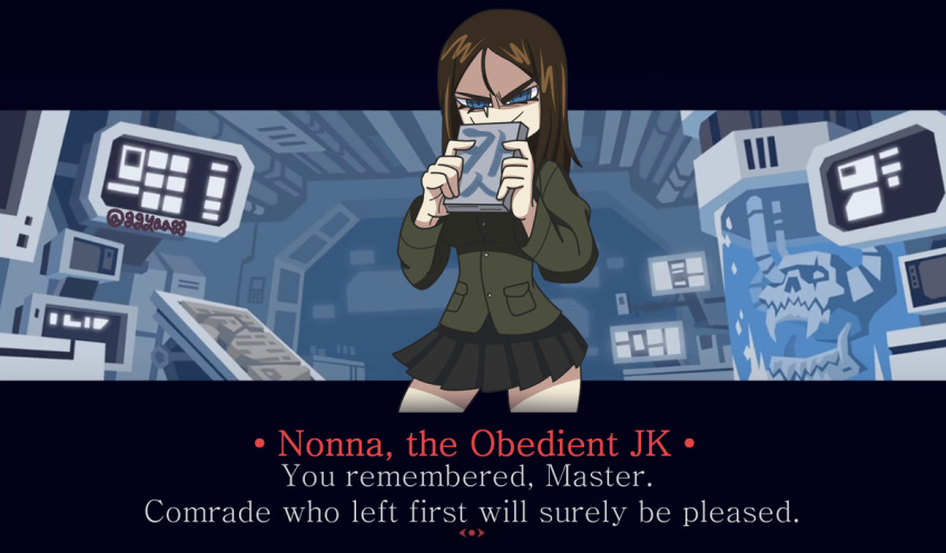 1girl, bangs, black_hair, black_skirt, blue_eyes, closed_mouth, commentary, english_commentary