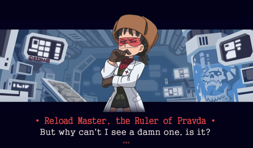 1girl, bangs, black_gloves, black_skirt, brown_headwear, closed_mouth, commentary, english_commentary