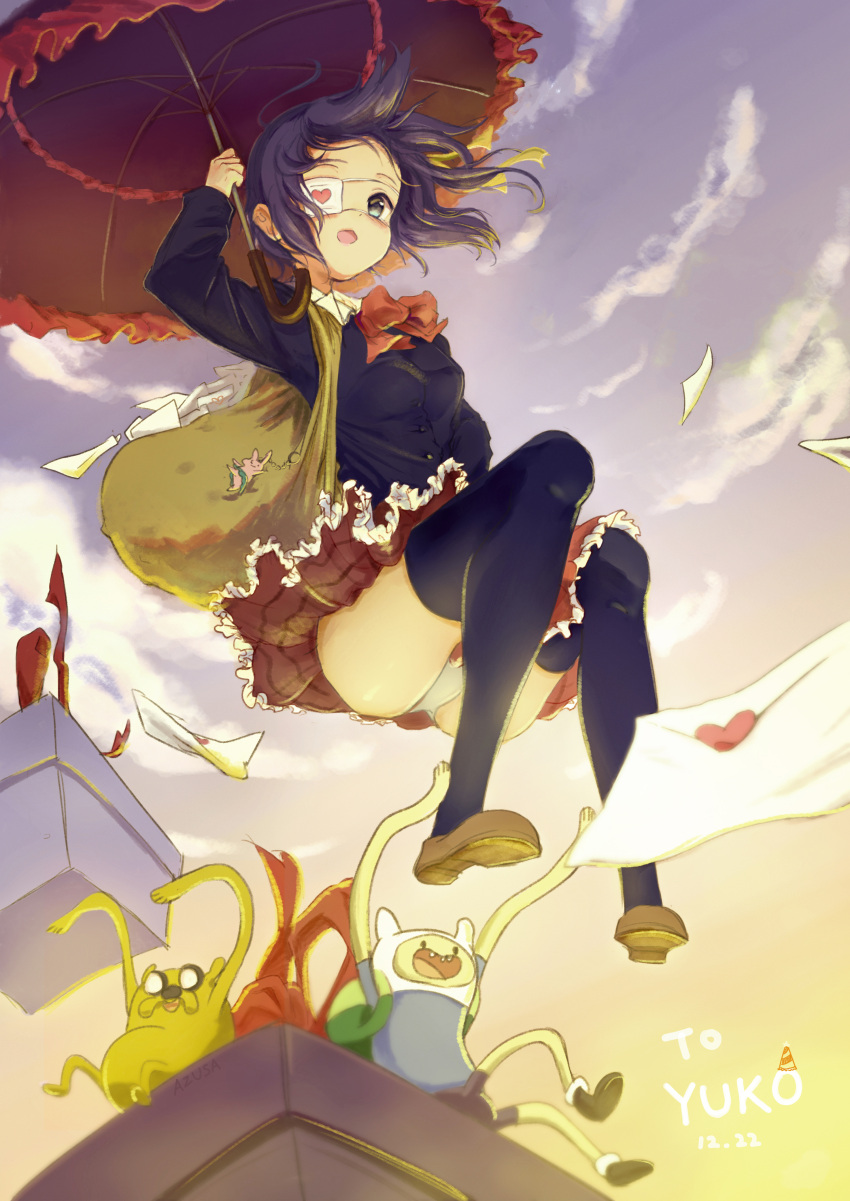 1boy, 1girl, :d, absurdres, adventure_time, ass, azusa_(980650076), backpack