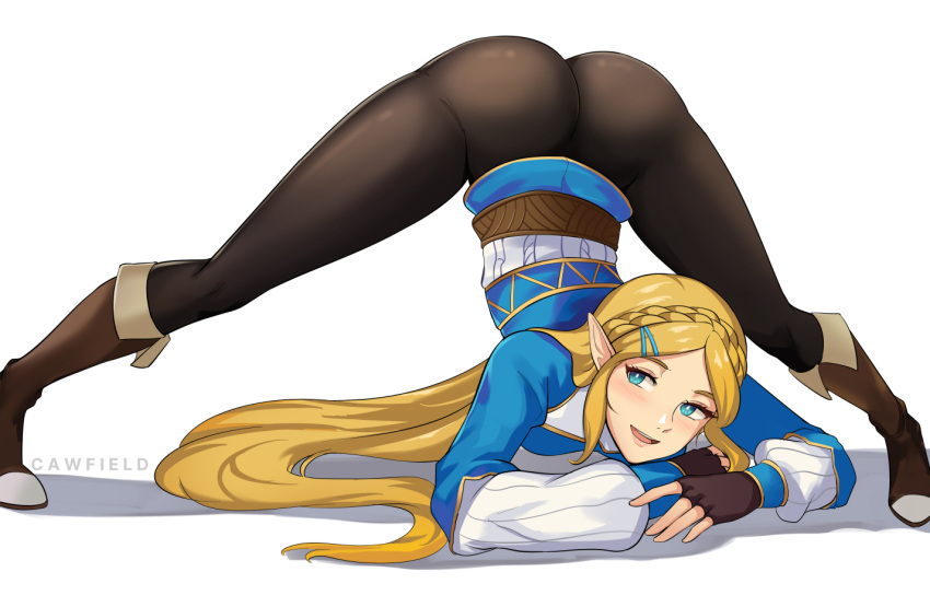1girl, ass, black_pants, blonde_hair, blue_eyes, blue_shirt, boots, braid