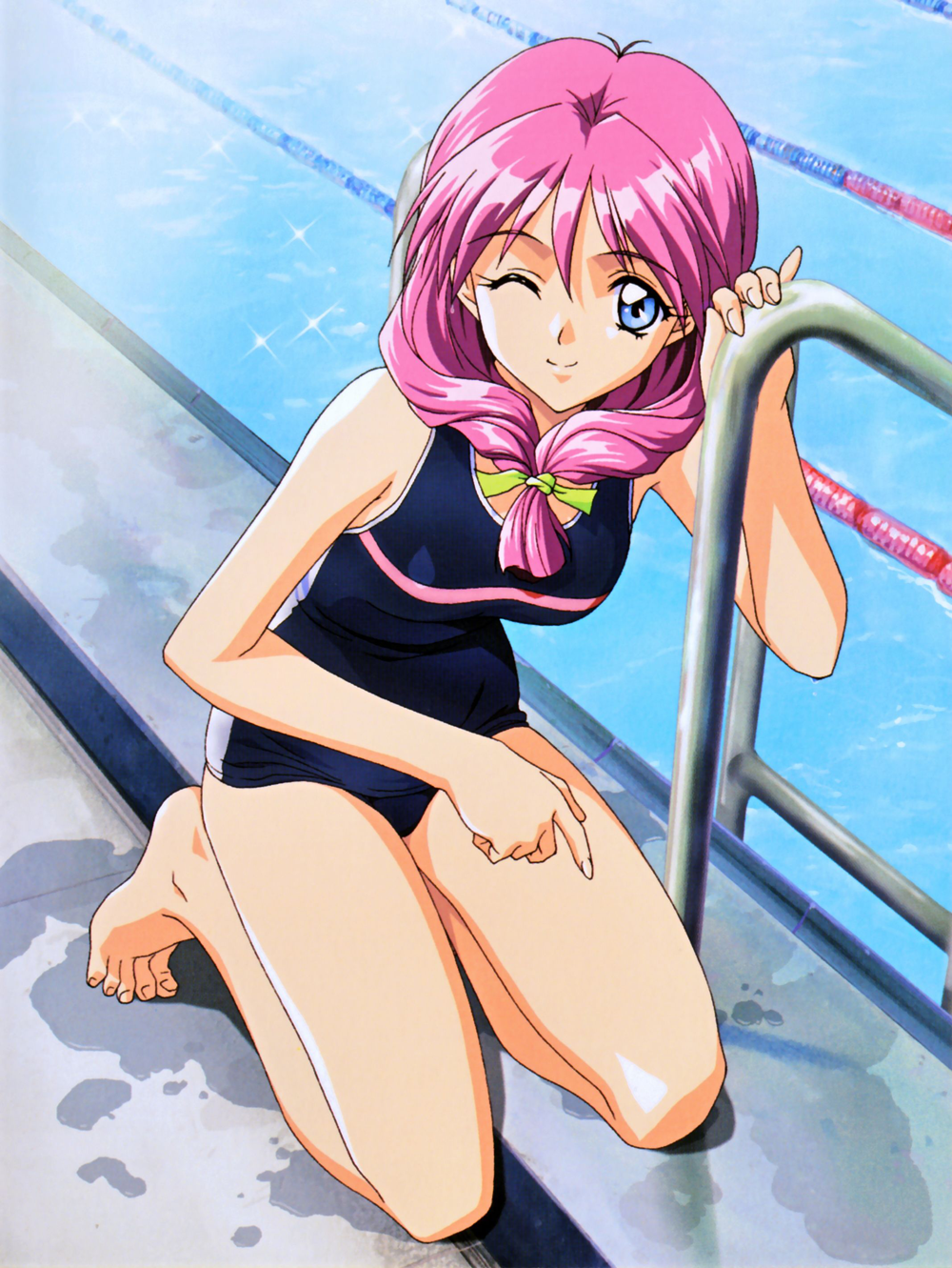 1990s_(style), 1girl, bangs, barefoot, blue_eyes, eyebrows_visible_through_hair, front_ponytail, full_body