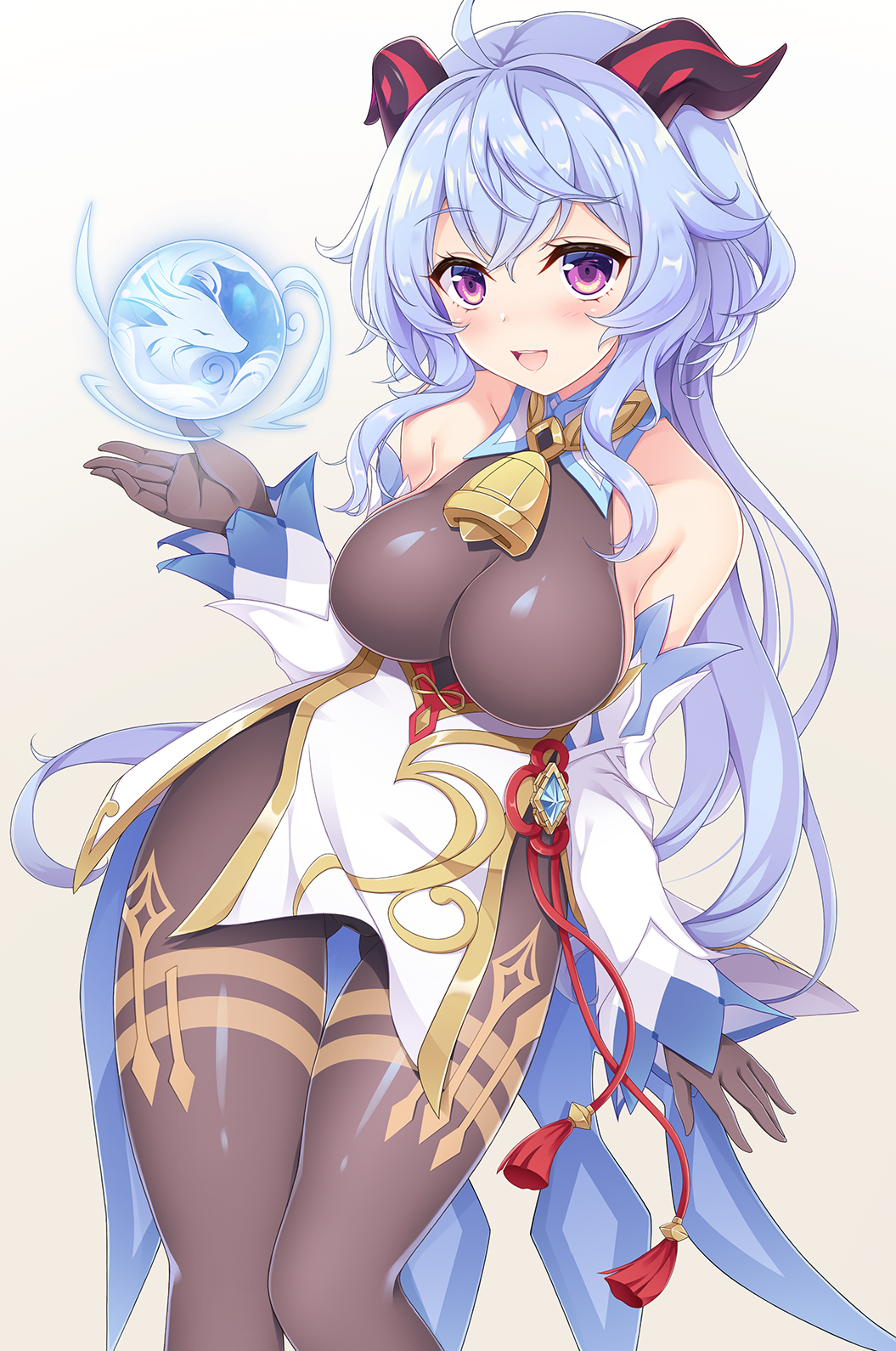 ahoge, bangs, bare_shoulders, bell, black_gloves, blue_hair, blush, breasts