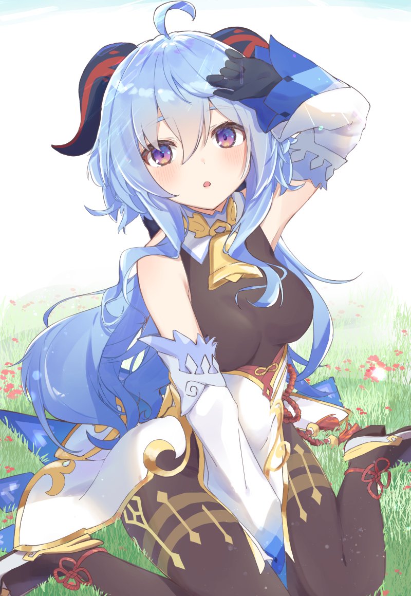 ahoge, bangs, bare_shoulders, bell, between_legs, black_gloves, black_legwear, blue_hair