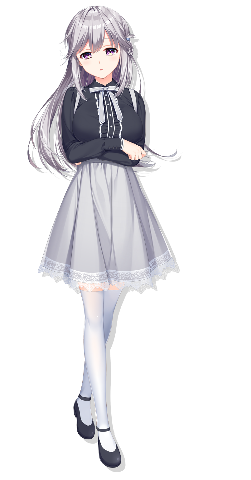 1girl, alpha_(yukai_na_nakamatachi), black_footwear, black_shirt, breasts, crossed_arms, dress_shirt, floating_hair