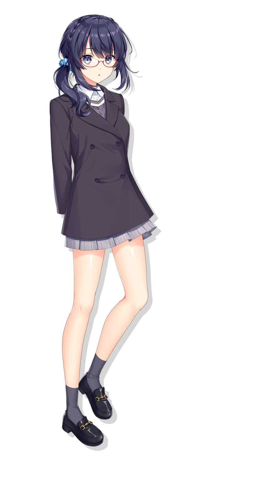 1girl, alpha_(yukai_na_nakamatachi), arms_behind_back, black_coat, black_footwear, black_hair, blue_eyes, blue_scrunchie