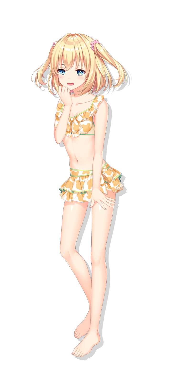 1girl, alpha_(yukai_na_nakamatachi), barefoot, bikini, blonde_hair, blue_eyes, blush, collarbone