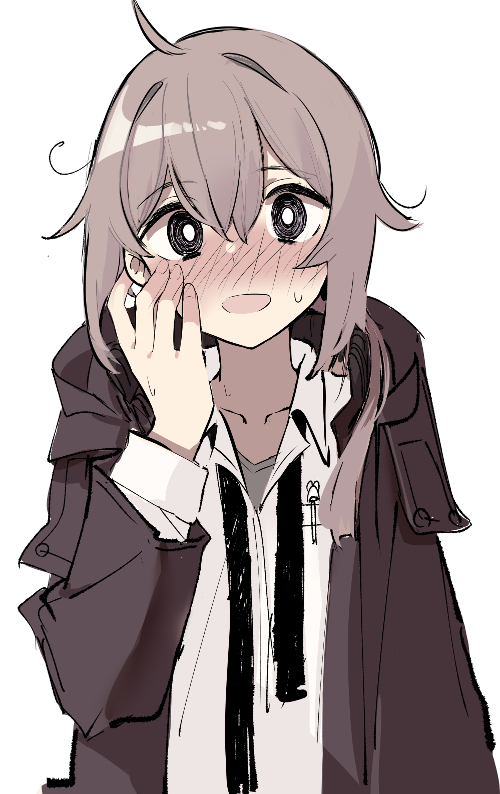 1girl, :d, antenna_hair, bangs, black_neckwear, blush, brown_hair, brown_jacket