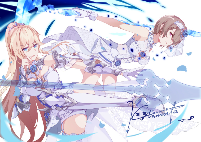 2girls, :d, absurdres, bangs, bianka_durandal_ataegina, bianka_durandal_ataegina_(bright_knight:_excelsis), blonde_hair, blue_eyes