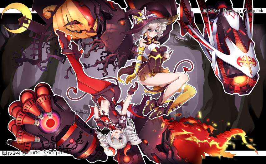 2girls, :d, absurdres, asymmetrical_gloves, bangs, bare_shoulders, bing_gang, black_gloves
