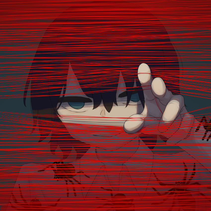 1boy, absurdres, avogado6, black_hair, blue_eyes, commentary_request, grin, hand_up