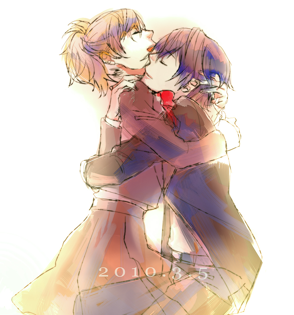 1girl, arisato_minato, closed_eyes, couple, female_protagonist_(persona_3), holding, hug, open_mouth