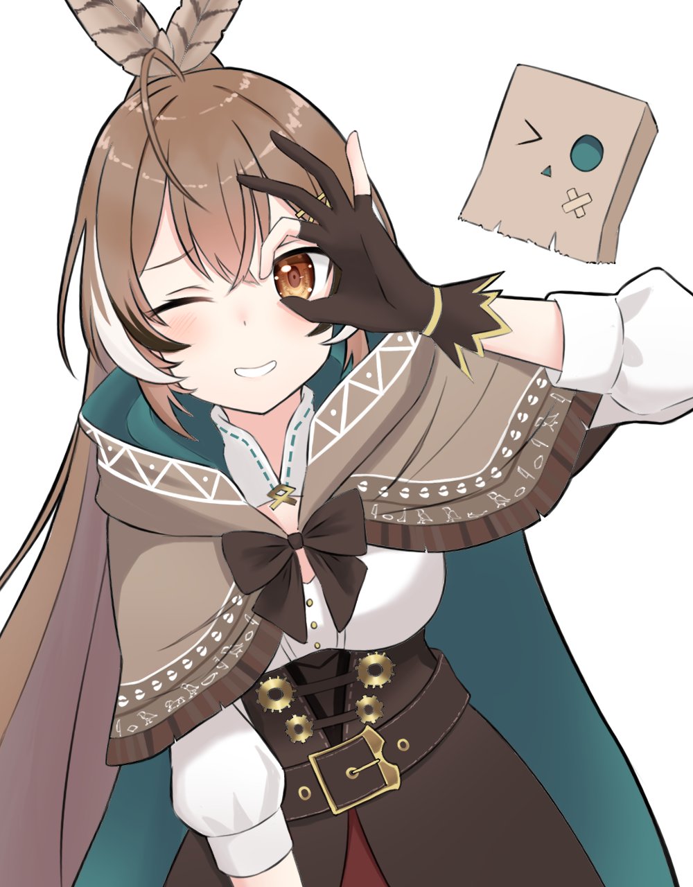 1girl, bakedmonogamy, brown_eyes, brown_hair, cloak, feather_hair_ornament, feathers, friend_(nanashi_mumei)