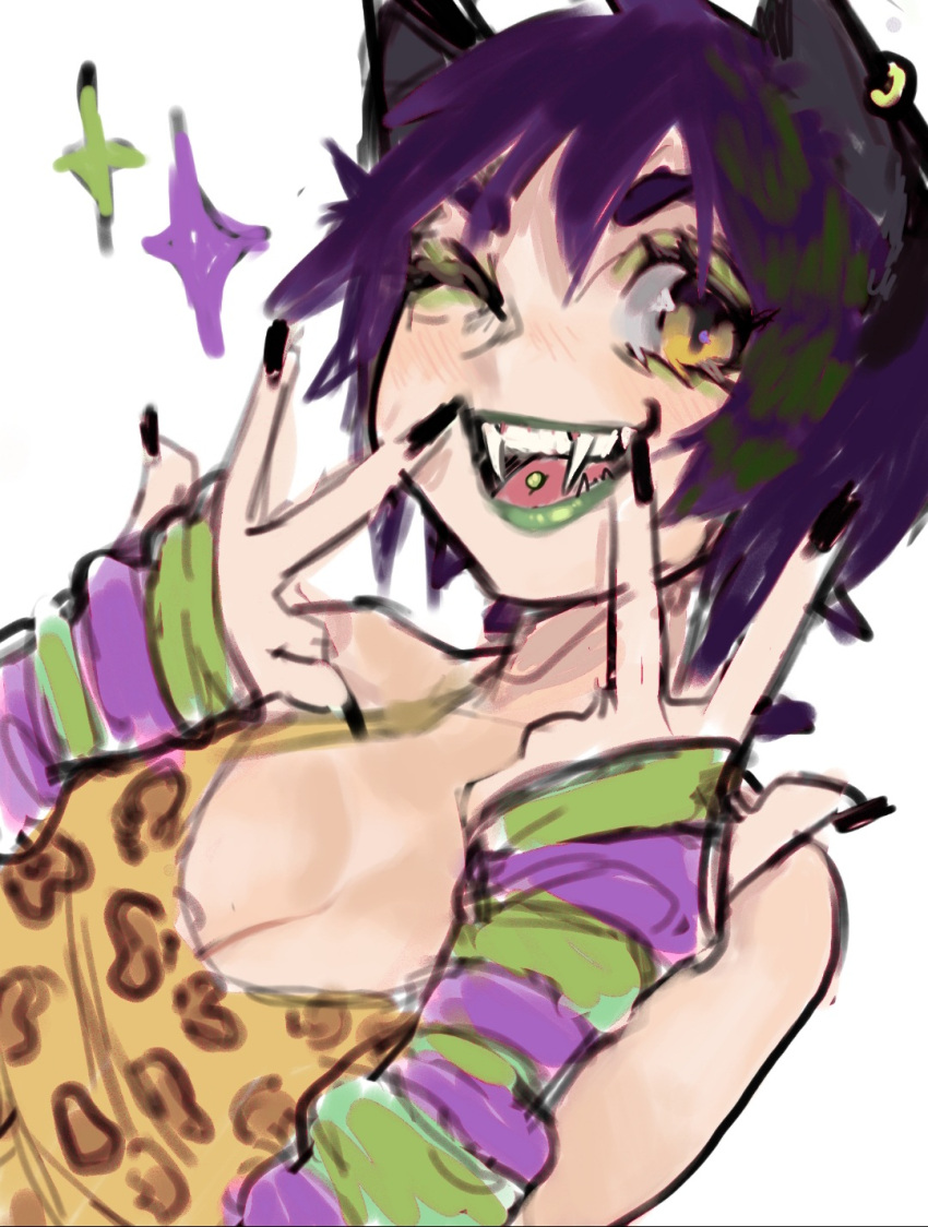 :d, animal_ears, animal_print, black_nails, breasts, cenketsu, commission, commissioner_upload, fangs, fingerless_gloves, gloves, green_lips, highres, large_breasts, one_eye_closed, open_mouth, original, piercing, purple_hair, raver, short_hair, smile, tank_top, tongue_piercing, white_background