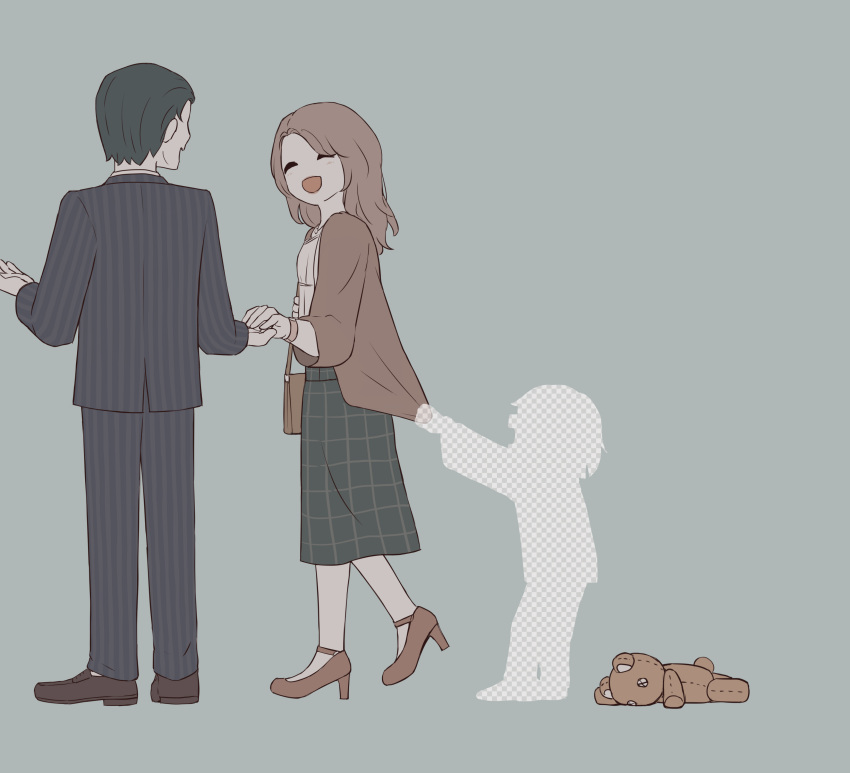 1boy, 1girl, 1other, :d, absurdres, avogado6, bag, black_hair