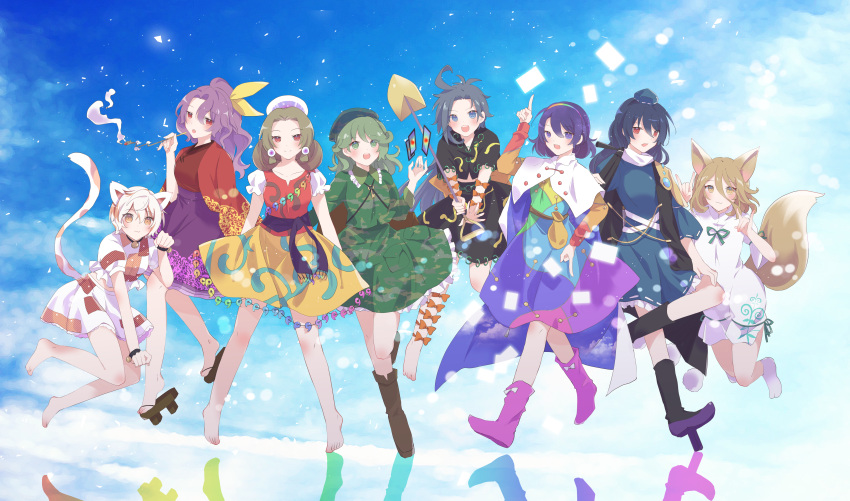 6+girls, absurdres, animal_ears, arm_ribbon, arm_up, bag, bangs, barefoot