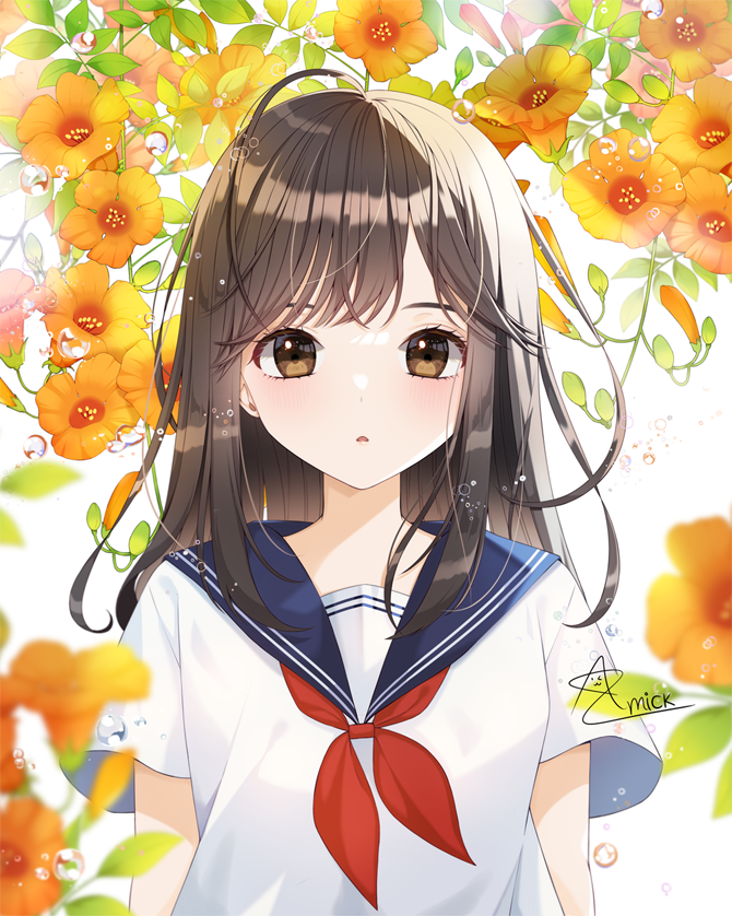 1girl, amick_(americanomix), brown_eyes, brown_hair, facing_viewer, flower, light_blush, long_hair