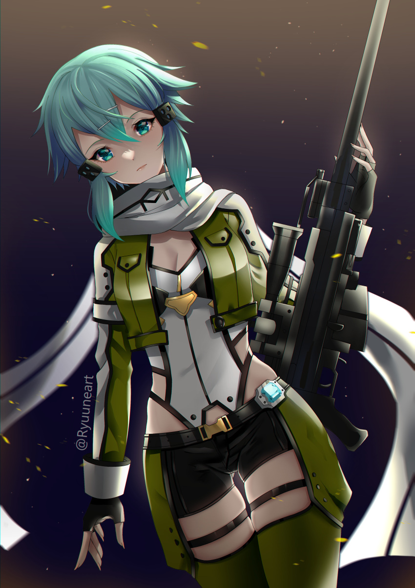 1girl, absurdres, artist_name, blue_eyes, blue_hair, closed_mouth, fingerless_gloves, gloves