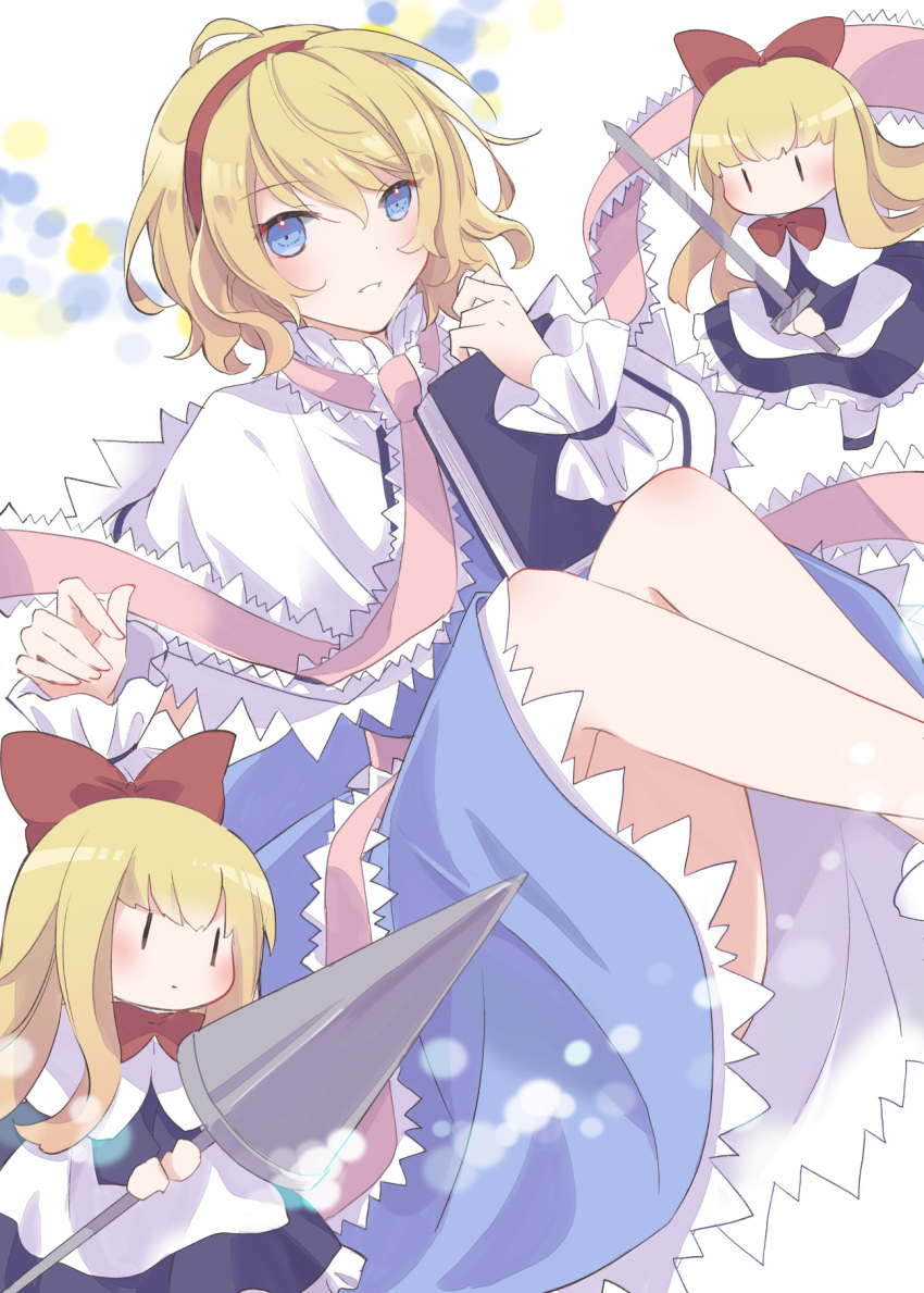 1girl, alice_margatroid, bangs, belt, blonde_hair, blue_dress, blue_eyes, cape