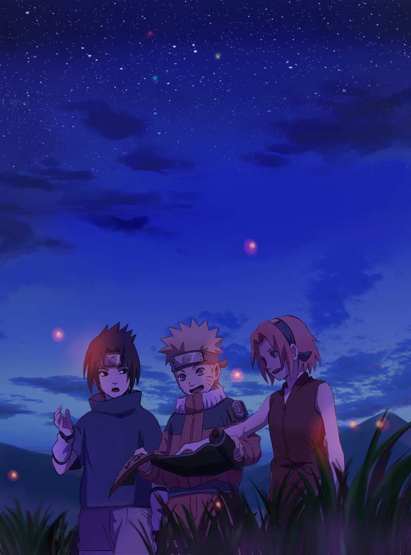 1girl, 2boys, :d, :o, black_eyes, black_hair, blonde_hair, blue_eyes