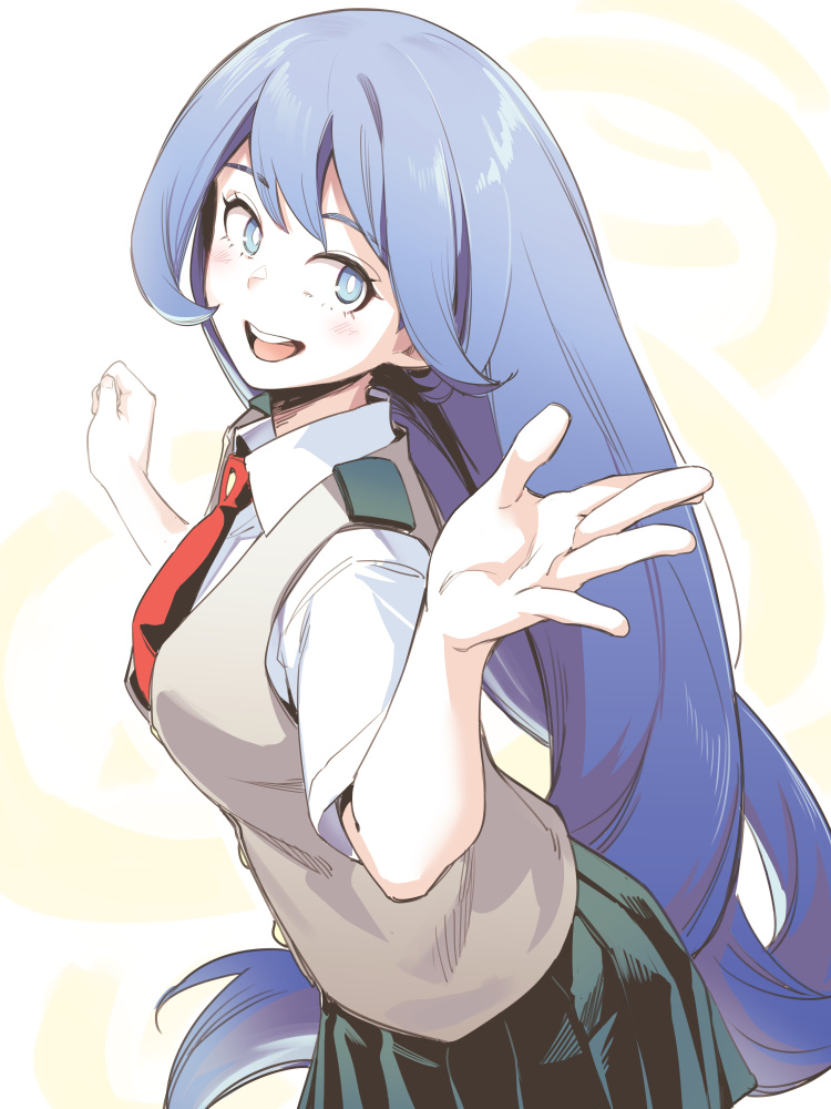 1girl, asutora, blue_eyes, blue_hair, blush, boku_no_hero_academia, hadou_nejire, hand_up