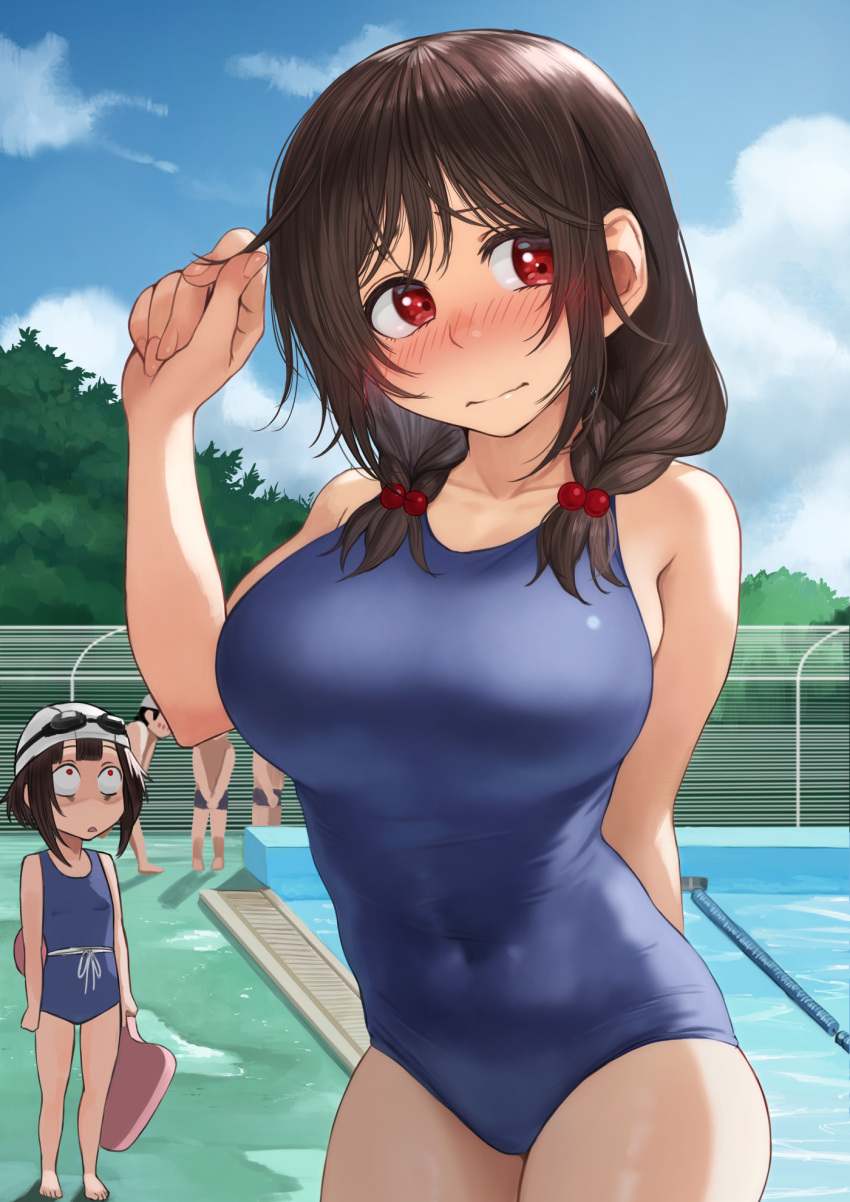 2girls, blue_swimsuit, blush, breast_envy, breasts, clouds, commentary_request, competition_school_swimsuit