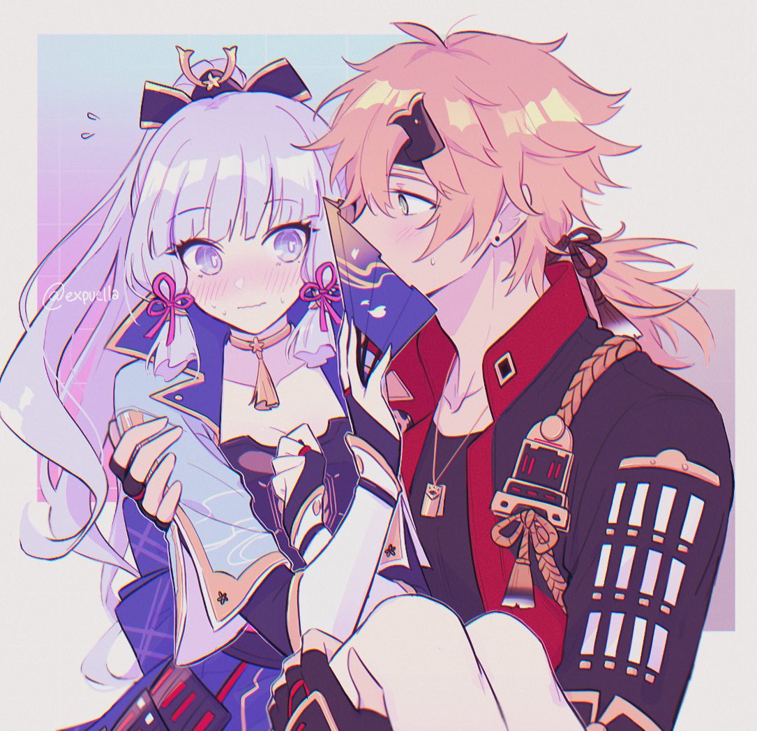 1boy, 1girl, armor, bangs, black_gloves, black_vest, blonde_hair, blunt_bangs