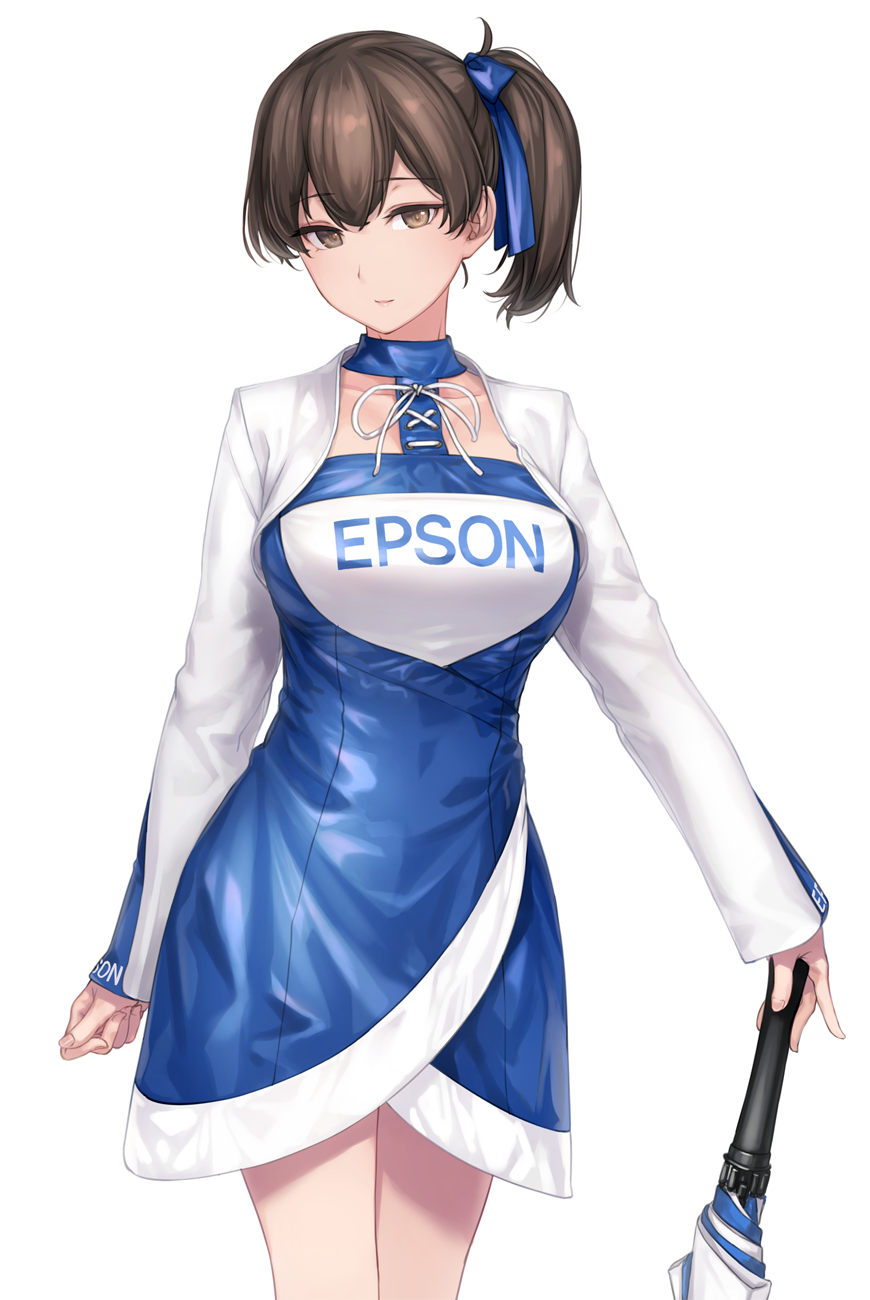 1girl, alternate_costume, blue_dress, breasts, brown_eyes, brown_hair, closed_mouth, cowboy_shot