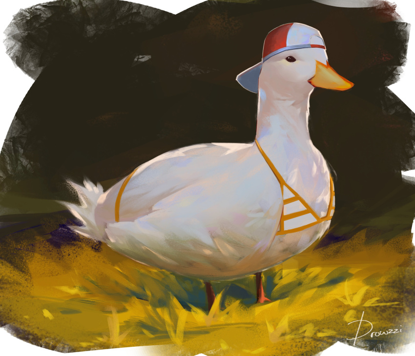absurdres, animal, animal_focus, animalization, backwards_hat, bikini, bird, drowzzi, duck, hat, highres, hololive, mascot, no_humans, oozora_subaru, signature, striped, striped_bikini, subaru_duck, swimsuit, virtual_youtuber