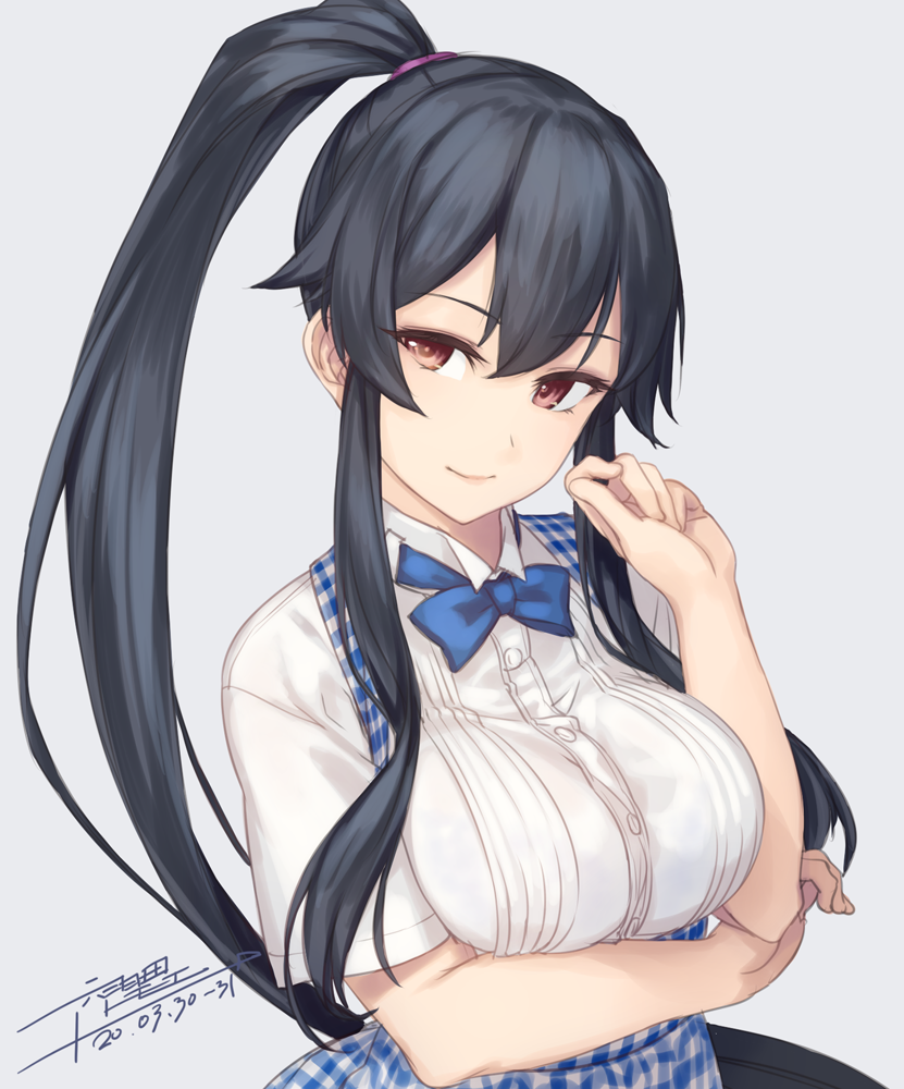 1girl, alternate_costume, apron, black_hair, blue_apron, breast_hold, breasts, checkered_apron