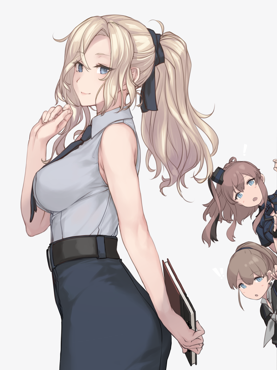 !, 3girls, black_dress, black_neckwear, black_skirt, blonde_hair, blue_eyes, breasts