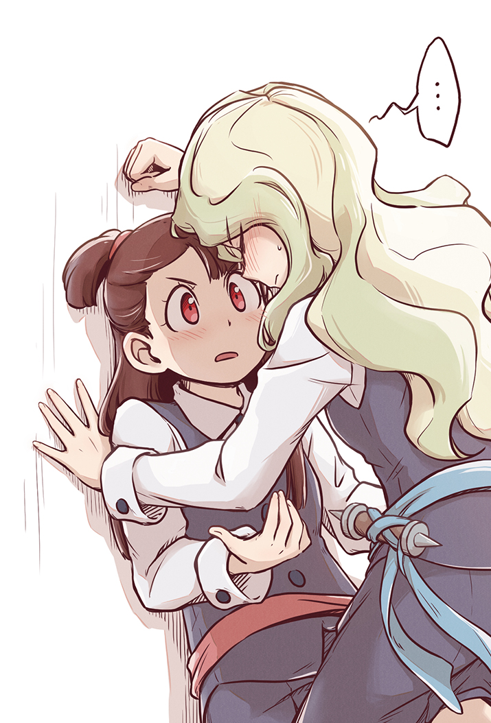 ..., 2girls, against_wall, blonde_hair, blush, brown_hair, closed_eyes, closed_mouth