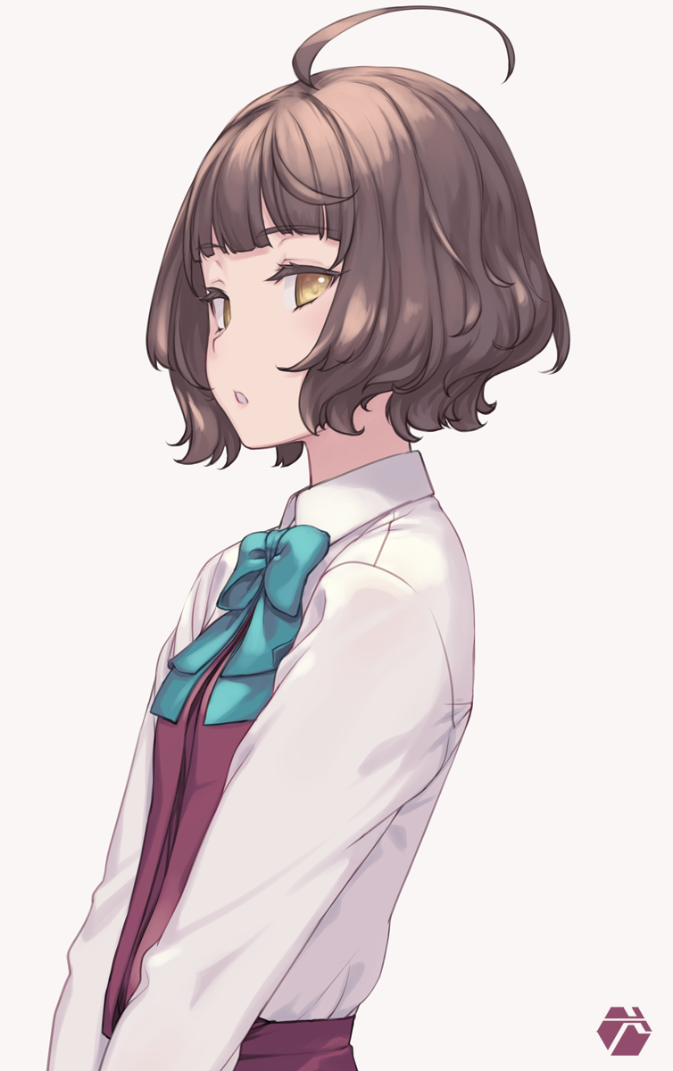1girl, ahoge, aqua_bow, aqua_neckwear, artist_logo, bow, bowtie, brown_hair