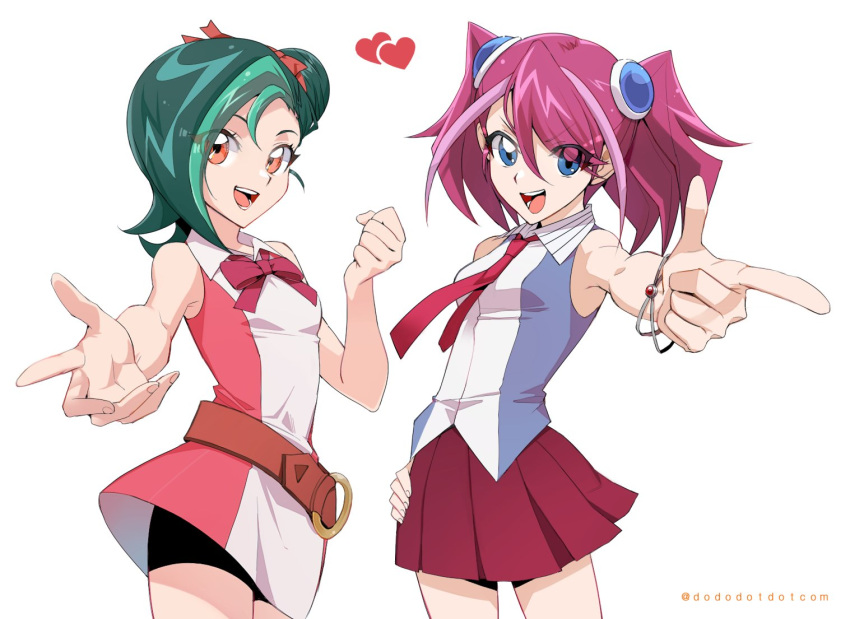 2girls, blush, bracelet, breasts, dododotdotcom, exposed_shoulders, green_hair, hairbun, hiiragi_yuzu, mizuki_kotori_(yuu-gi-ou_zexal), multicolored_hair, pink_hair, short_twintails, small_breasts, two-tone_hair, yuu-gi-ou, yuu-gi-ou_arc-v, yuu-gi-ou_zexal