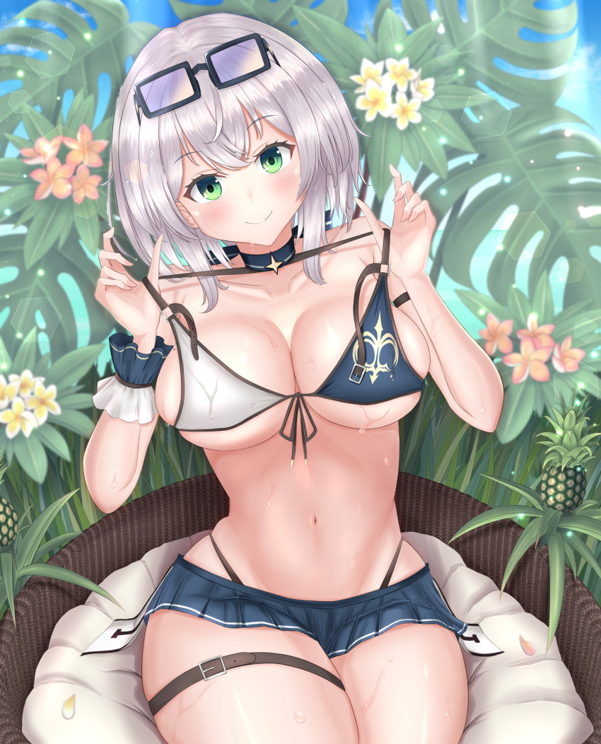 absurdres, bikini, blush, breasts, eyewear_on_head, flower, glasses, green_eyes