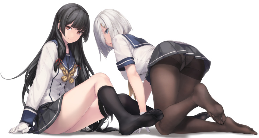 2girls, all_fours, arm_support, ass, asymmetrical_legwear, black_hair, black_legwear, blue_eyes