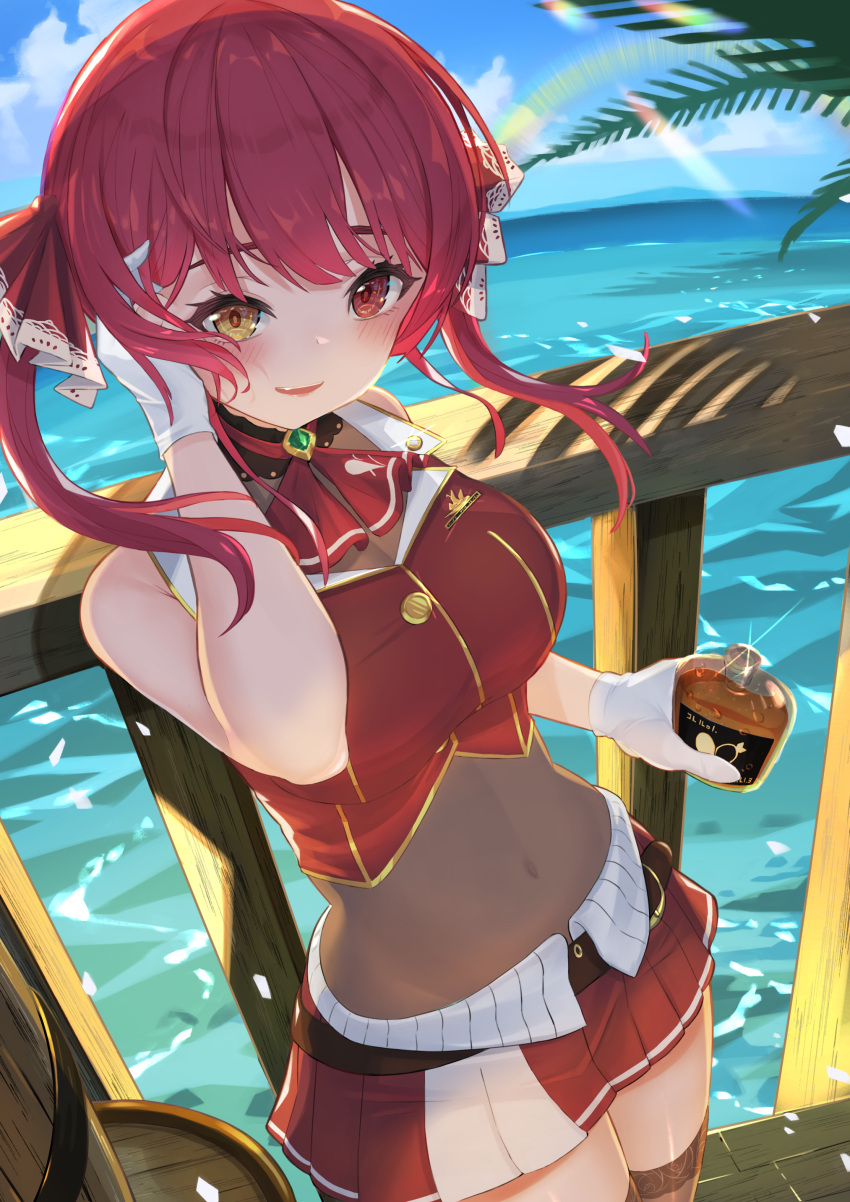 1girl, absurdres, blush, bottle, gloves, hair_ornament, haku_u_0818, heterochromia