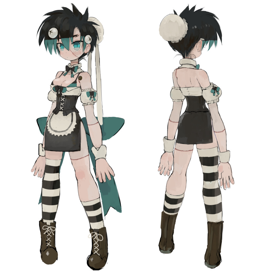 1girl, ankle_boots, apron, arms_at_sides, asymmetrical_legwear, bare_shoulders, bibi-chan_(ebimomo), black_legwear