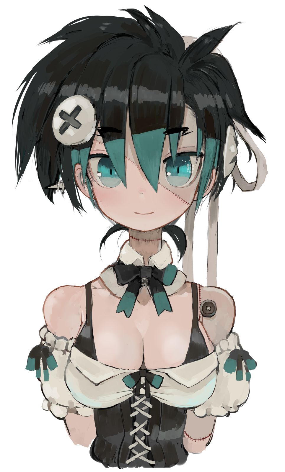 1girl, bibi-chan_(ebimomo), black_bow, black_bra, black_hair, black_neckwear, blue_eyes, blue_hair