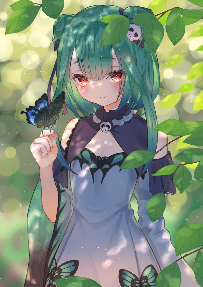 1girl, absurdres, aqua_hair, blush, breasts, bug, butterfly, butterfly_on_hand