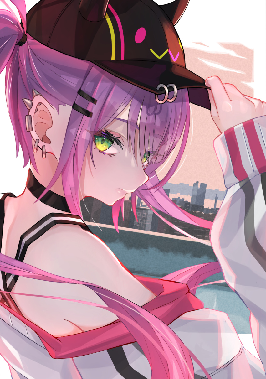 1girl, choker, ear_piercing, earrings, green_eyes, haku_u_0818, highres, hololive, jewelry, long_hair, looking_at_viewer, multicolored_hair, ok_sign, piercing, purple_hair, streaked_hair, tokoyami_towa, very_long_hair, virtual_youtuber