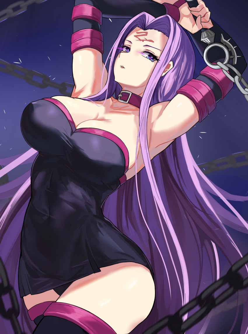 1girl, absurdres, black_dress, black_sleeves, boots, breasts, collar, covered_nipples